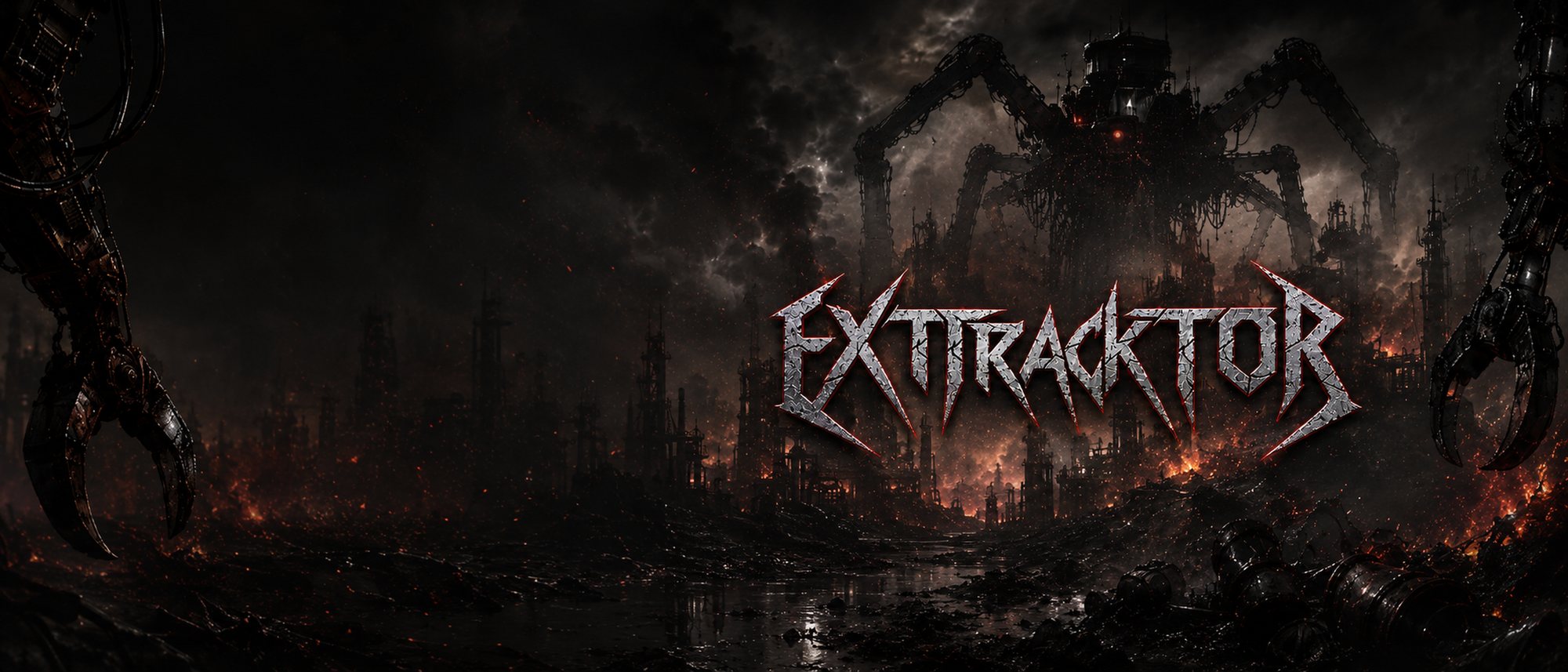 Logo de EXTRACKTOR sobre una ciudad industrial en ruinas, con una máquina araña gigante al fondo